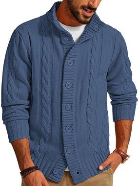 🆕Men's Deep Blue Cable Knit Cardigan Sweater Button Down Stand Collar Jacket